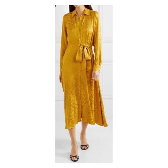 Stine Goya Baily Faux Wrap Long Sleeve Midi Shirt Dress Yellow Gold Satin Medium - Picture 1 of 11